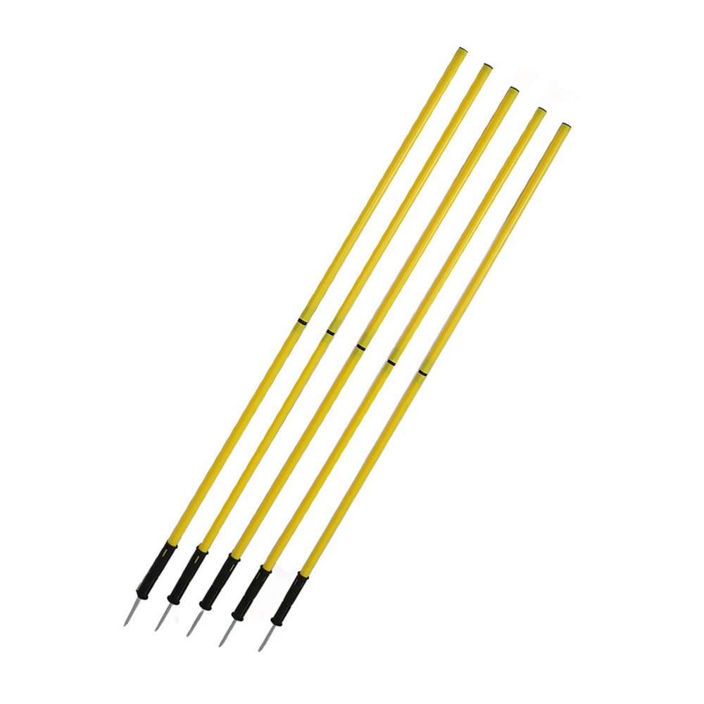Adjustable soccer agility poles set with spikes for training drills and speed coordination. Portable, with carry bag.